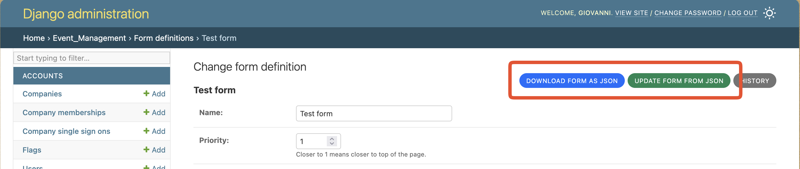 The "Download form as JSON" and "Update form from JSON" buttons on the change form definition page